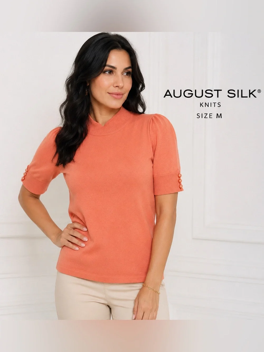 August Silk Knit Mock Neck Short Sleeve Sweater Top Peach Pearl Sleeve Detail/M